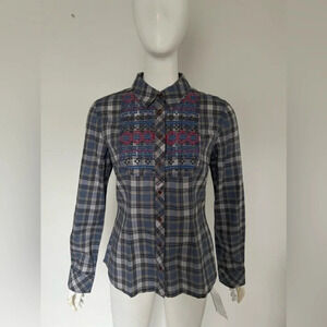 White Chocolate Women Blue Long Sleeve Button Down Plaid Shirt Sz M NWT